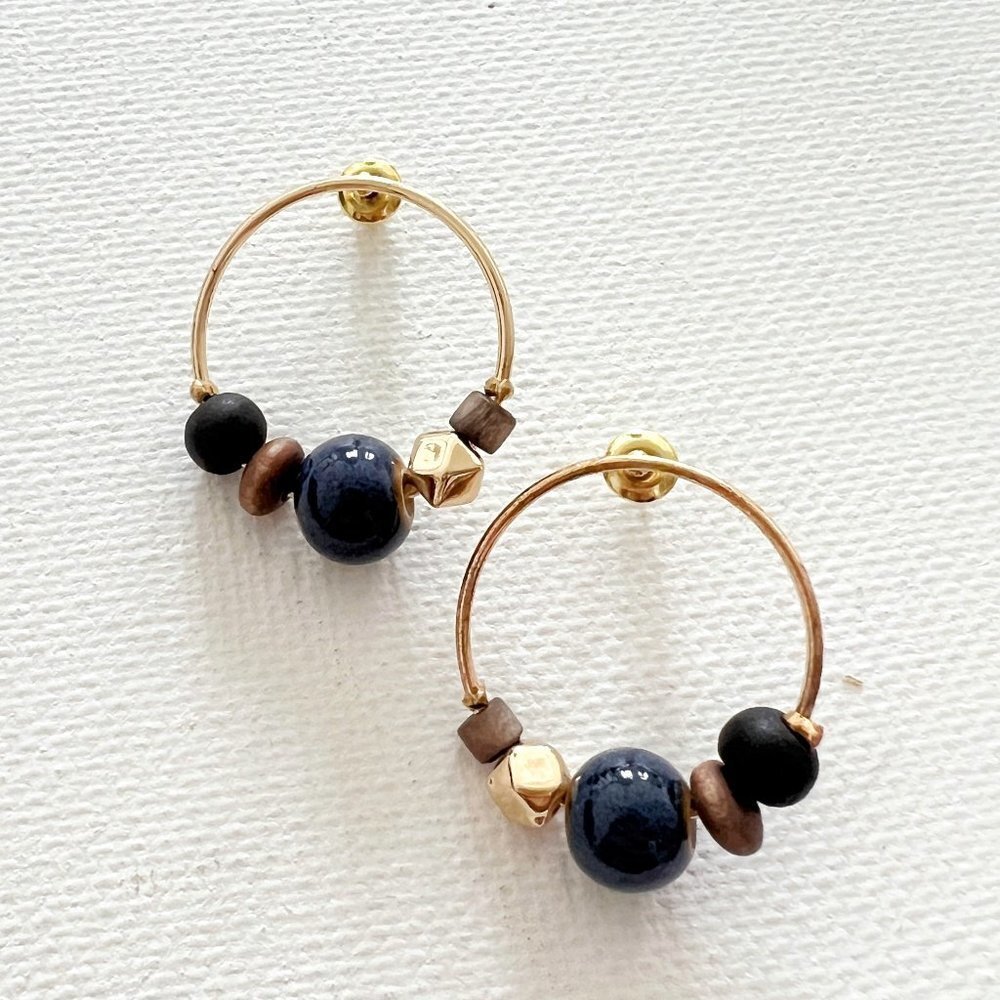 Mixed Material Beaded Hoop Post Earrings